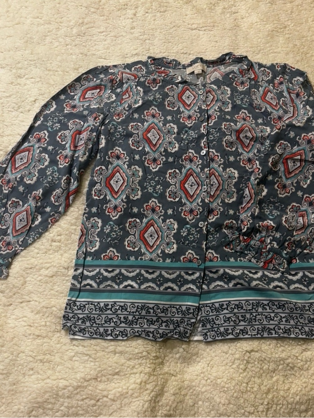 Patterned Button-Front Blouse in Teal and Coral1511